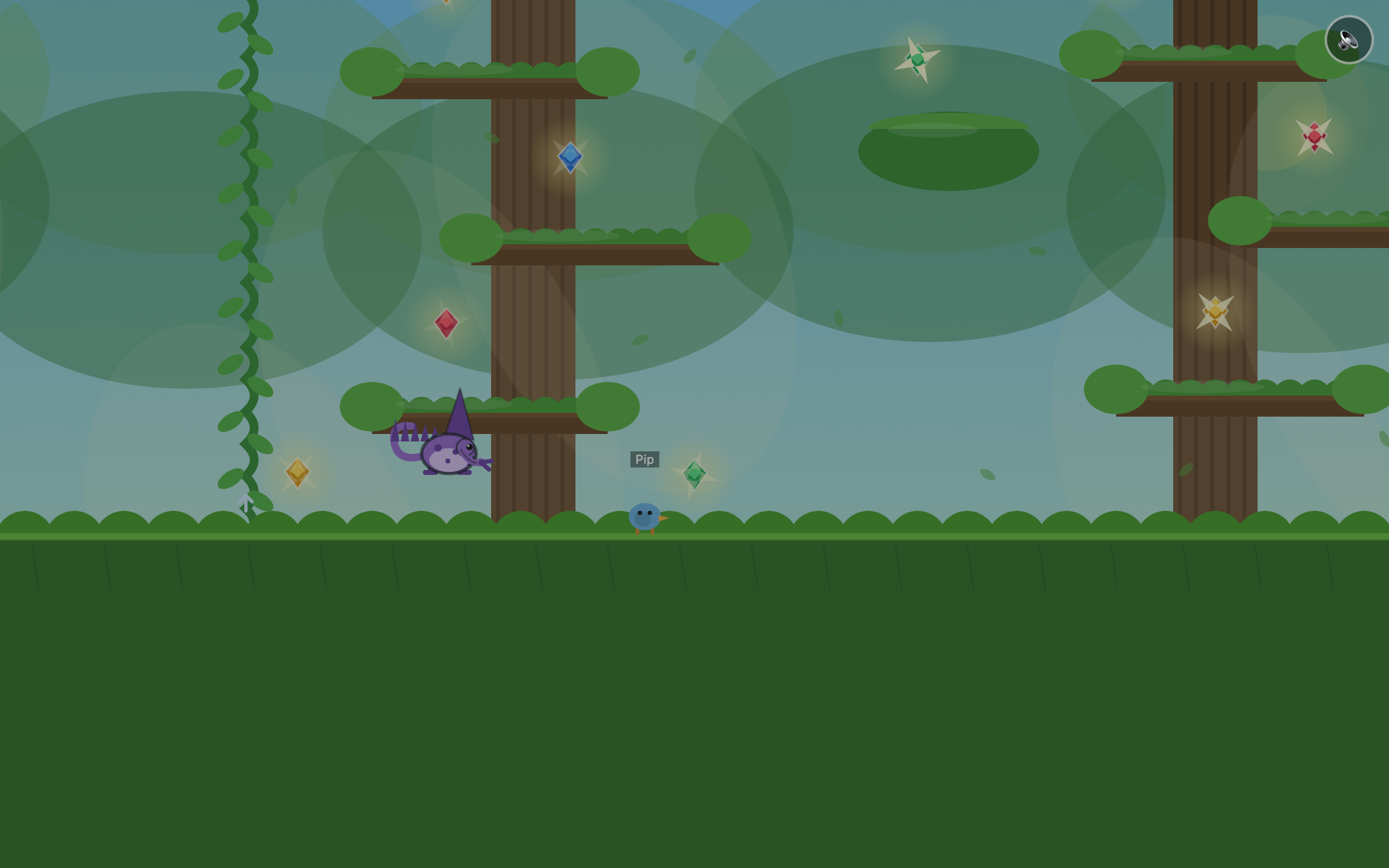 Larbargus - a purple chameleon reaching for glowing gems in a treetop level