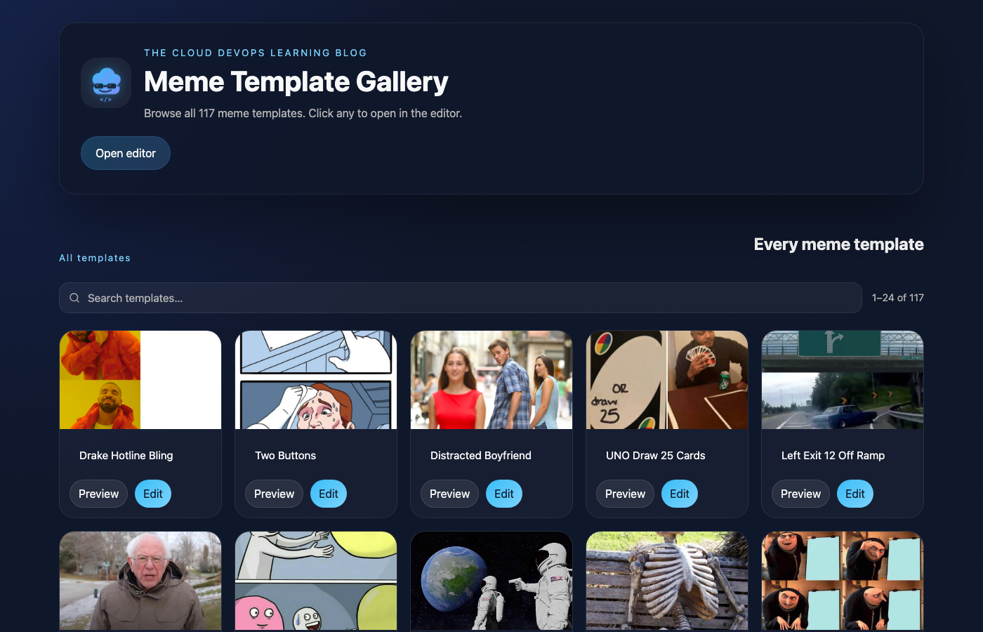 The searchable meme template gallery showing all 117 templates in a paginated grid