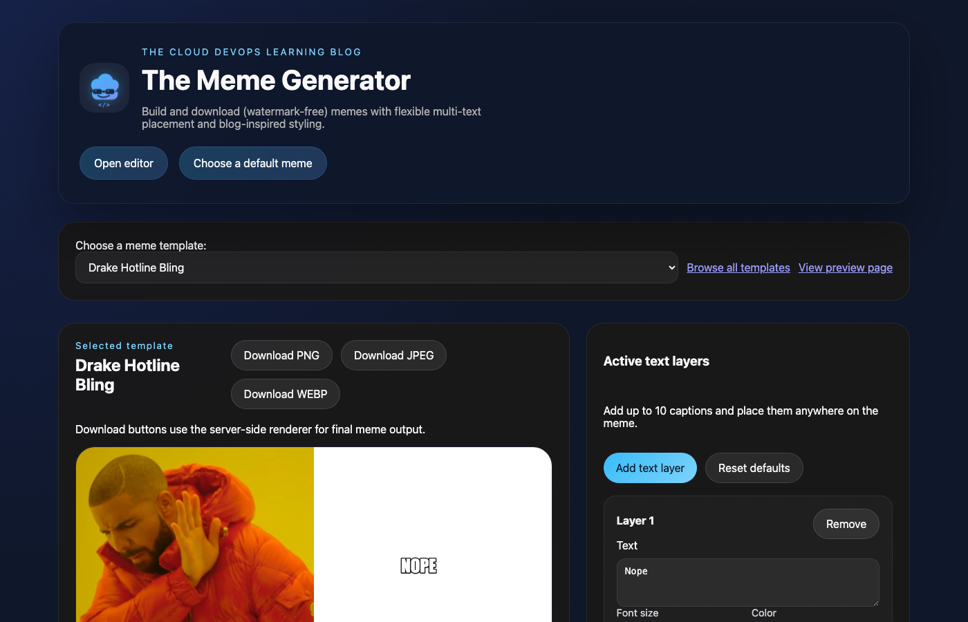 MemeCloud homepage showing the editor with a Drake meme template selected
