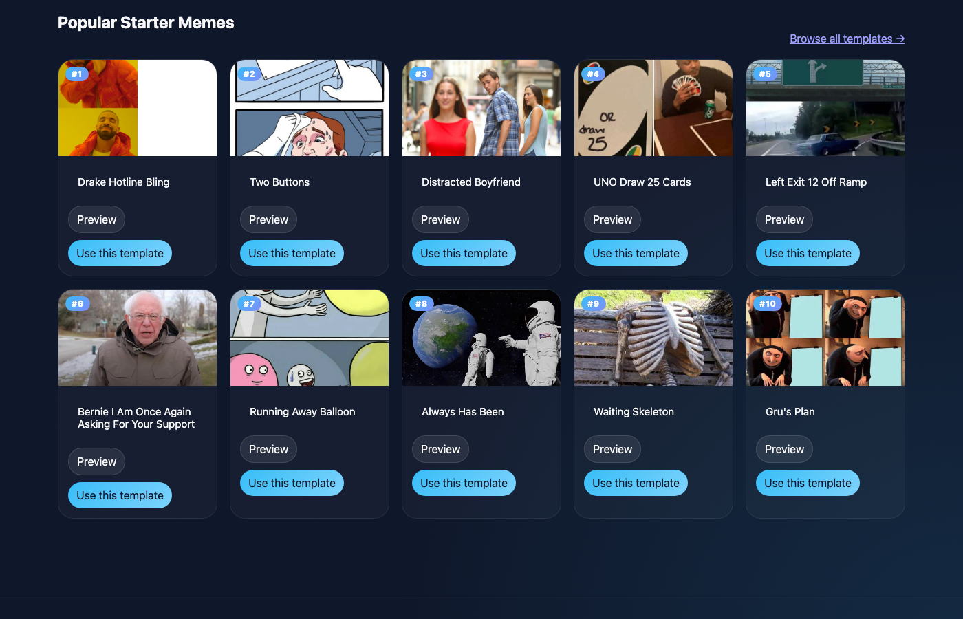 Top 10 most generated memes section showing rank badges on template cards